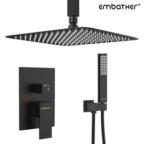 EMBATHER Black Shower System- 12 Inches Ceiling Shower Faucet Set with Square Rain Shower Head and Handheld-Shower Combo Set for Bathroom-Easy Installation- Eco-Friendly（Valve included）