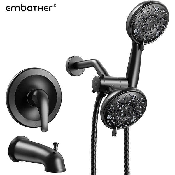 EMBATHER Shower Faucet Set with Tub Spout, Dual Shower Head with Handheld Combo, 3-Way Diverter and Shower Trim Kit, Matte Black(Include Valve)