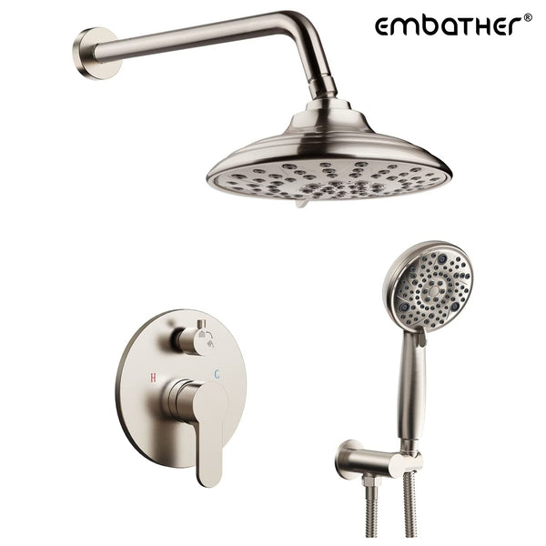 EMBATHER Shower System-Shower Faucets Sets Complete with 3 Way Pressure Balance Valve and Trim Kit, Brushed Nickel Shower System Set with 3 Setting Shower head and 8 Sprays Handheld Showerhead