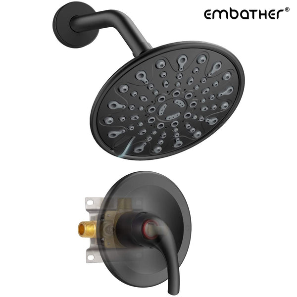 EMBATHER Shower Faucet with Valve, Shower Faucets Sets Complete with 6 Spray Touch-Clean Shower Head, Single Function Shower Trim Kit, Matte Black