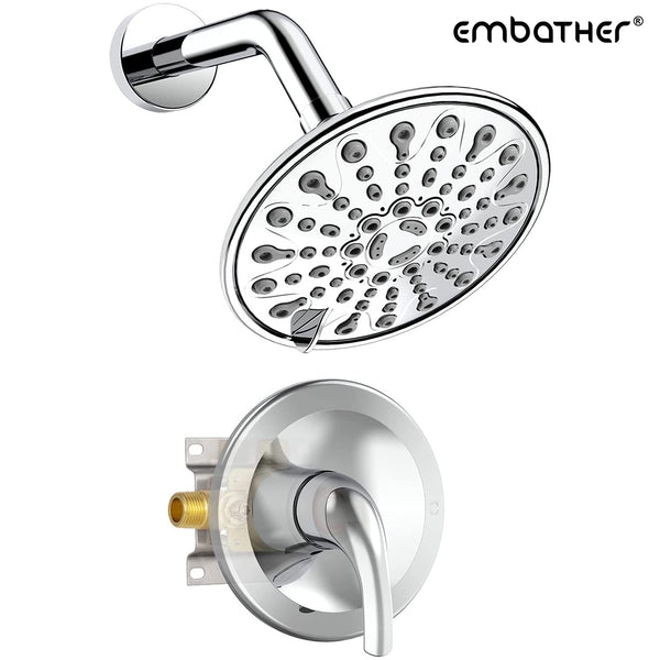 EMBATHER Shower Faucet with Valve, Shower Faucets Sets Complete with 6 Spray Touch-Clean Shower Head, Single Function Shower Trim Kit, Polished Chrome