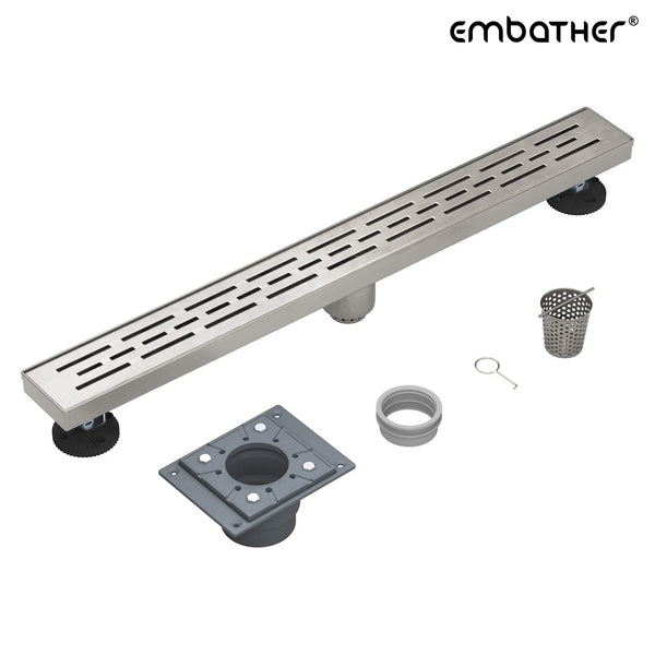 EMBATHER 24 Inches Linear Shower Drain with Removable Pattern Grate, CUPC Certified, 304 Stainless Steel Floor Drain and Shower Drain Base Included Hair Strainer and Leveling Feet, Brushed Nickel