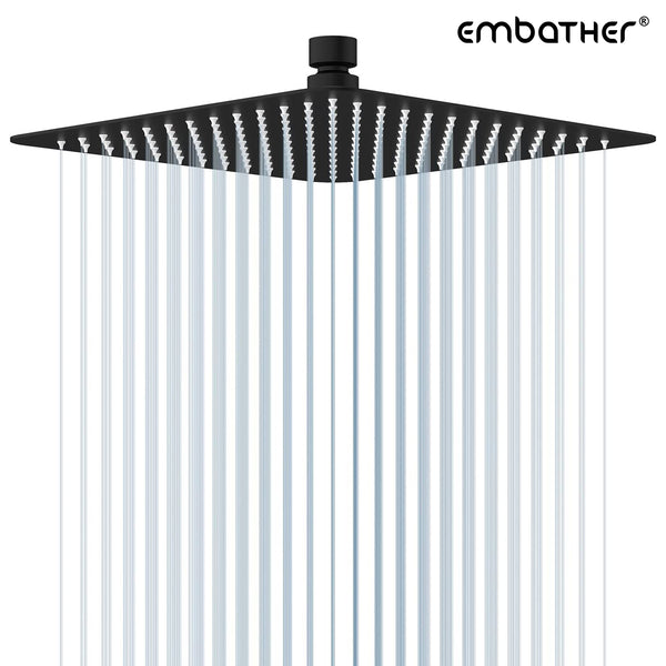 EMBATHER 12 Inches Black Rain Shower Head, Stainless Steel High Pressure Square ShowerHead, Ultra Thin Waterfall Full Body Coverage with Easy-Clean Nozzle