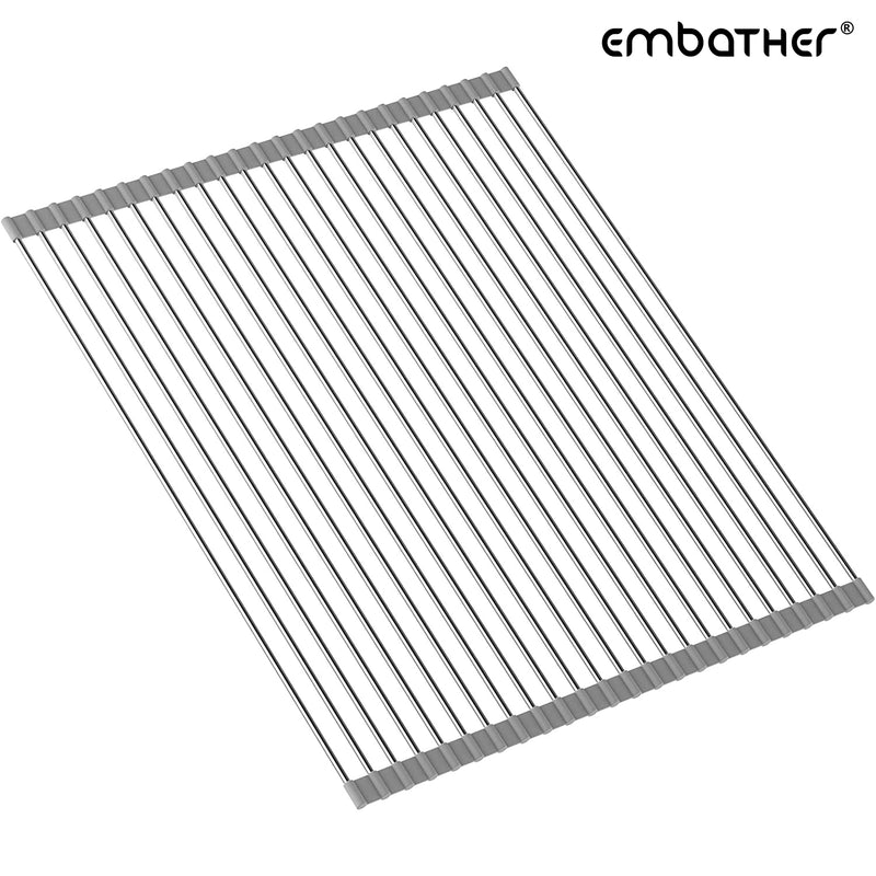 EMBATHER 20.8'' x 18.1'' Roll Up Dish Drying Rack Over The Sink, Dish Drying Rack for Kitchen Counter, Multipurpose Stainless Steel Foldable Kitchen Drainer Rack with Anti-Slip Silicone, Gray