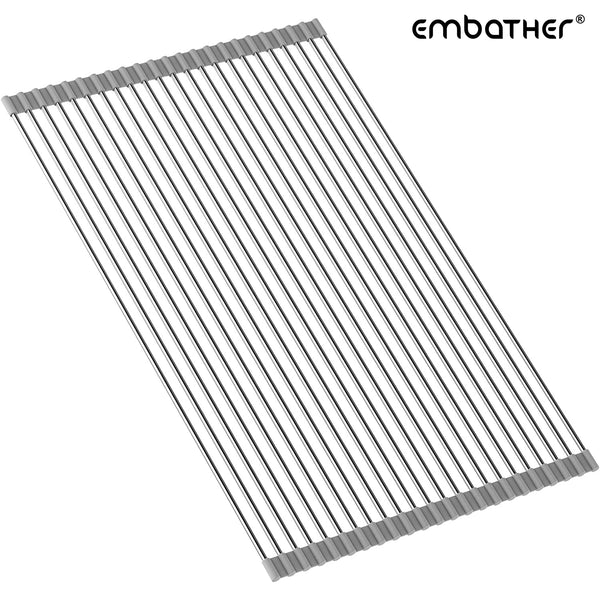 EMBATHER 20.8'' x 13.4'' Roll Up Dish Drying Rack Over The Sink, Dish Drying Rack for Kitchen Counter, Multipurpose Stainless Steel Foldable Kitchen Drainer Rack with Anti-Slip Silicone, Gray